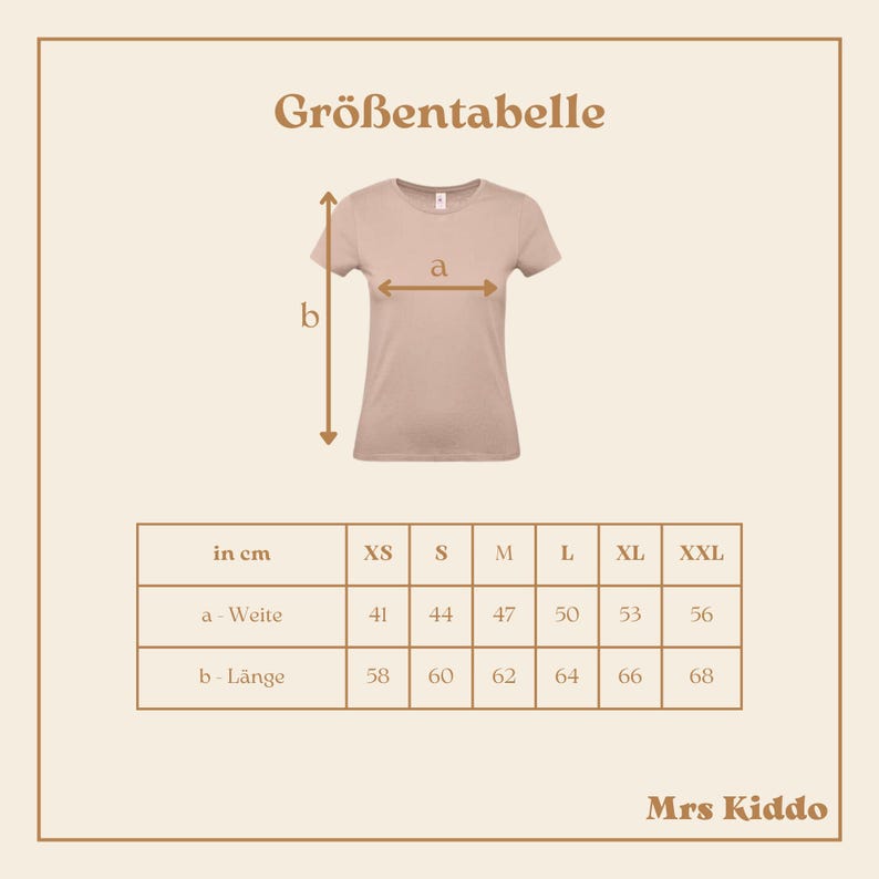 May include: Size chart for a t-shirt with measurements in centimetres for width and length. Sizes include XS, S, M, L, XL, and XXL. The chart is labelled "Gr&ouml;&szlig;entabelle" and "Mrs Kiddo".