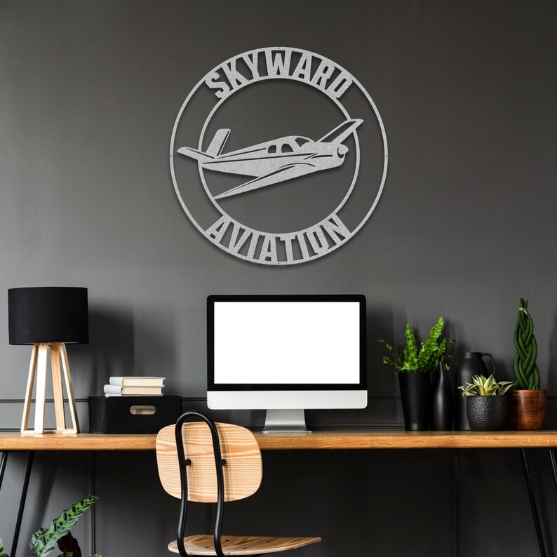 Personalized Airplane Hangar Sign | Custom Metal Aviation Wall Art Silver