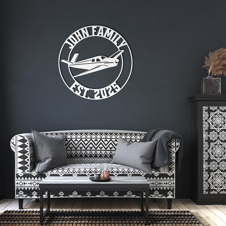 Personalized Airplane Hangar Sign | Custom Metal Aviation Wall Art White