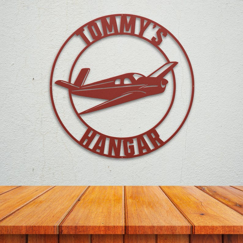 Personalized Airplane Hangar Sign | Custom Metal Aviation Wall Art Red