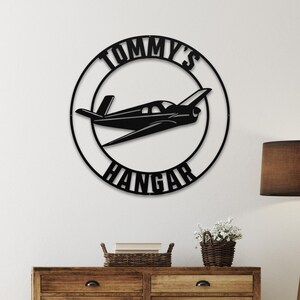 Personalized Airplane Hangar Sign | Custom Metal Aviation Wall Art Black