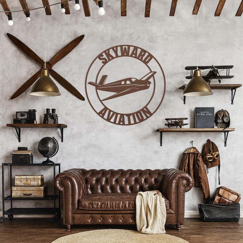 Personalized Airplane Hangar Sign | Custom Metal Aviation Wall Art Copper