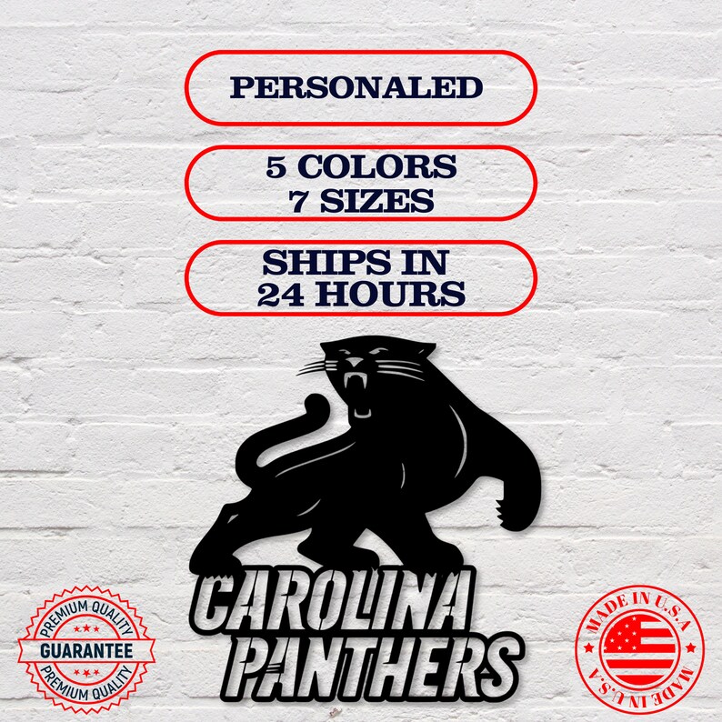 Puede incluir: Logotipo negro de los Carolina Panthers con el texto "CAROLINA PANTHERS" debajo. La imagen tambi&eacute;n incluye el texto "PERSONALIZADO", "5 COLORES 7 TALLAS" y "ENV&Iacute;OS EN 24 HORAS".
