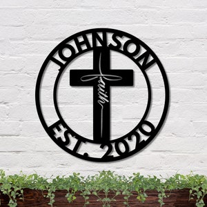 Faith Cross Metal Sign, Metal Cross Sign, Family Name Sign with Cross, Family Name Faith Cross Sign,  Religious Home Decor, Cross Home Decor