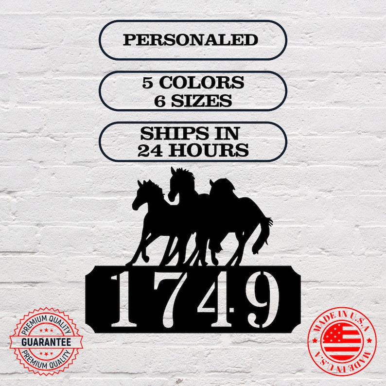 May include: Black metal house number sign with three horses running in front of the number "1749". The sign is personalized and available in 5 colors and 6 sizes. Ships in 24 hours.