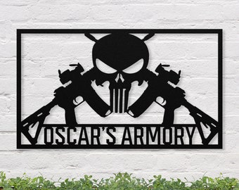 Custom Armory Metal Sign, Punisher Skull, Military Man Cave Decor