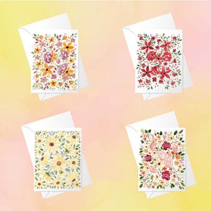 Biglietti d'auguri floreali acquerellati - Set di 4 biglietti vuoti con buste - Articoli di cancelleria floreali dipinti a mano per tutte le occasioni