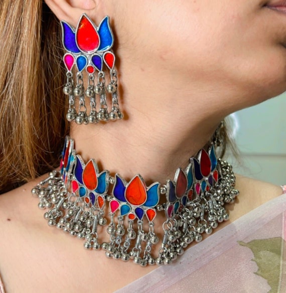 Buy Lotus Meenakari Oxidised Choker Flower Oxidised Necklace Drop