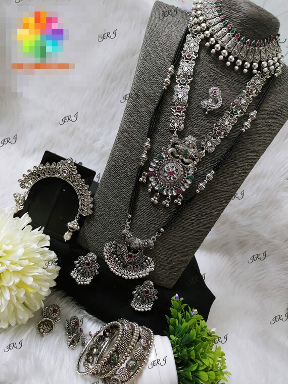 Silver Oxidised Charm Choker Long Haar Khopa Earrings Mangalsutra