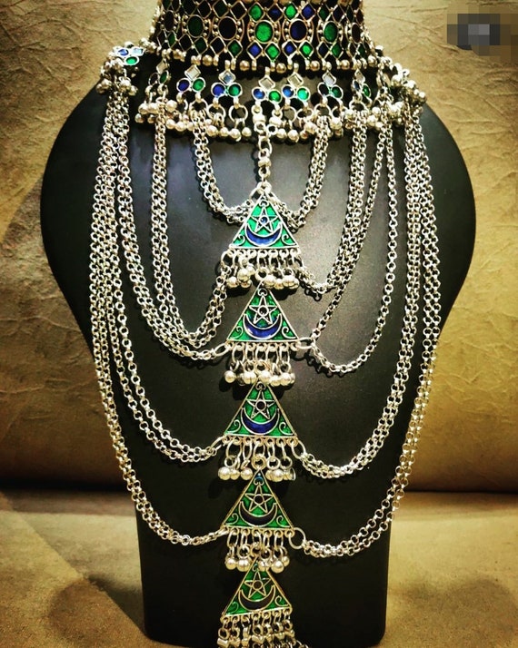 Afghani 5 Layered Royal Choker Style Necklace Classy Orange Green