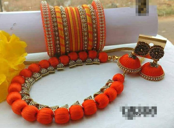 Beautiful Designer Orange Silk Thread Choker Bangles Indian Stud