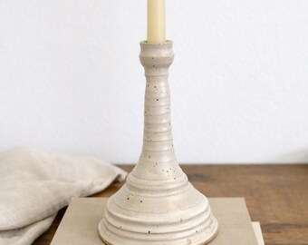Vintage Ceramic Candlestick Holder Speckled Pottery Neutral Farmhouse Decor Minimalist Home Accent