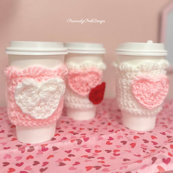 Handmade Crochet Heart-Shaped Cup Cozies/Sleeves for Valentines