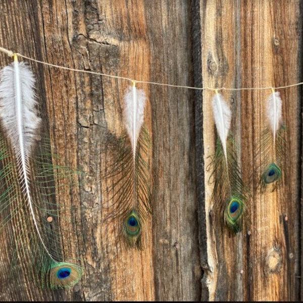 Boho Elegant Decor Feather Garland made from Cruelty Free Peacock Natural Feathers