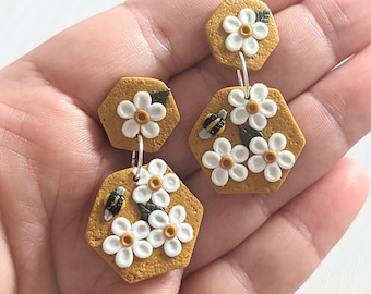 Bee and Flower Polymer Clay Earrings