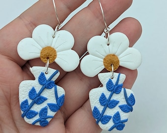 Daisy And Vase Hoop Dangly Earrings Polymer Clay