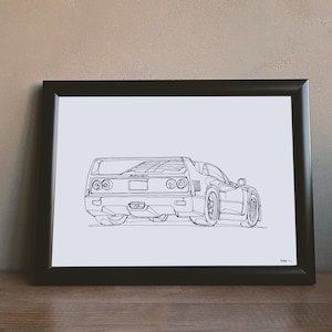 Original Car Drawing F40 Hand-Drawn Oneliner DIN A4
