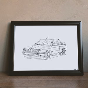 Original Car Drawing E30 M3 Hand-Drawn Oneliner DIN A4