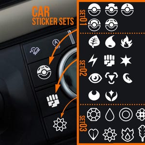 Può includere: Set di adesivi per auto con vari disegni grafici bianchi su sfondo nero. I set includono icone come una foglia, una fiamma, un fulmine, un pugno e una stella. Il testo "CAR STICKER SETS" è in arancione.