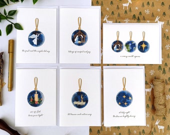 Pack of Six Christmas Carol Cards | Hand Drawn Christmas Bauble Design | Nativity Theme | Christmas Hymn Quotes | Christian Christmas Cards