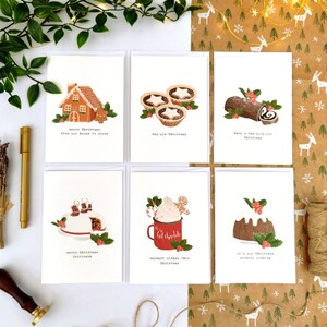 Pacote de seis cartões de Natal doces e punny | Tortas picadas desenhadas à mão, pudim de Natal, tronco de Yule, casa de pão de gengibre, chocolate quente, bolo de frutas