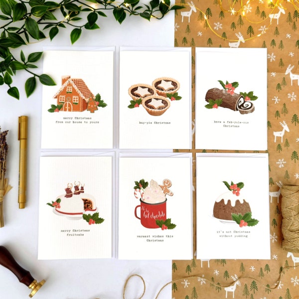 Lot de six cartes de Noël Sweet, Punny | Mince Pies dessinés à la main, Pudding de Noël, Bûche de Noël, Maison en pain d'épice, Chocolat chaud, Gâteau aux fruits