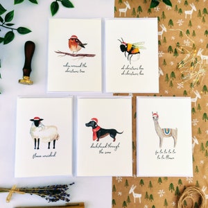 Biglietti di auguri a tema canti natalizi / Biglietti di auguri di Natale con animali divertenti / Confezione da 5 biglietti dipinti a mano e acquerellati / Auguri di buone feste con animali