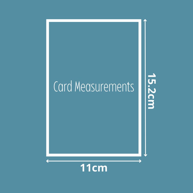 Puede incluir: Un rect&aacute;ngulo blanco con el texto "Card Measurements" y las dimensiones 11 cm por 15,2 cm.