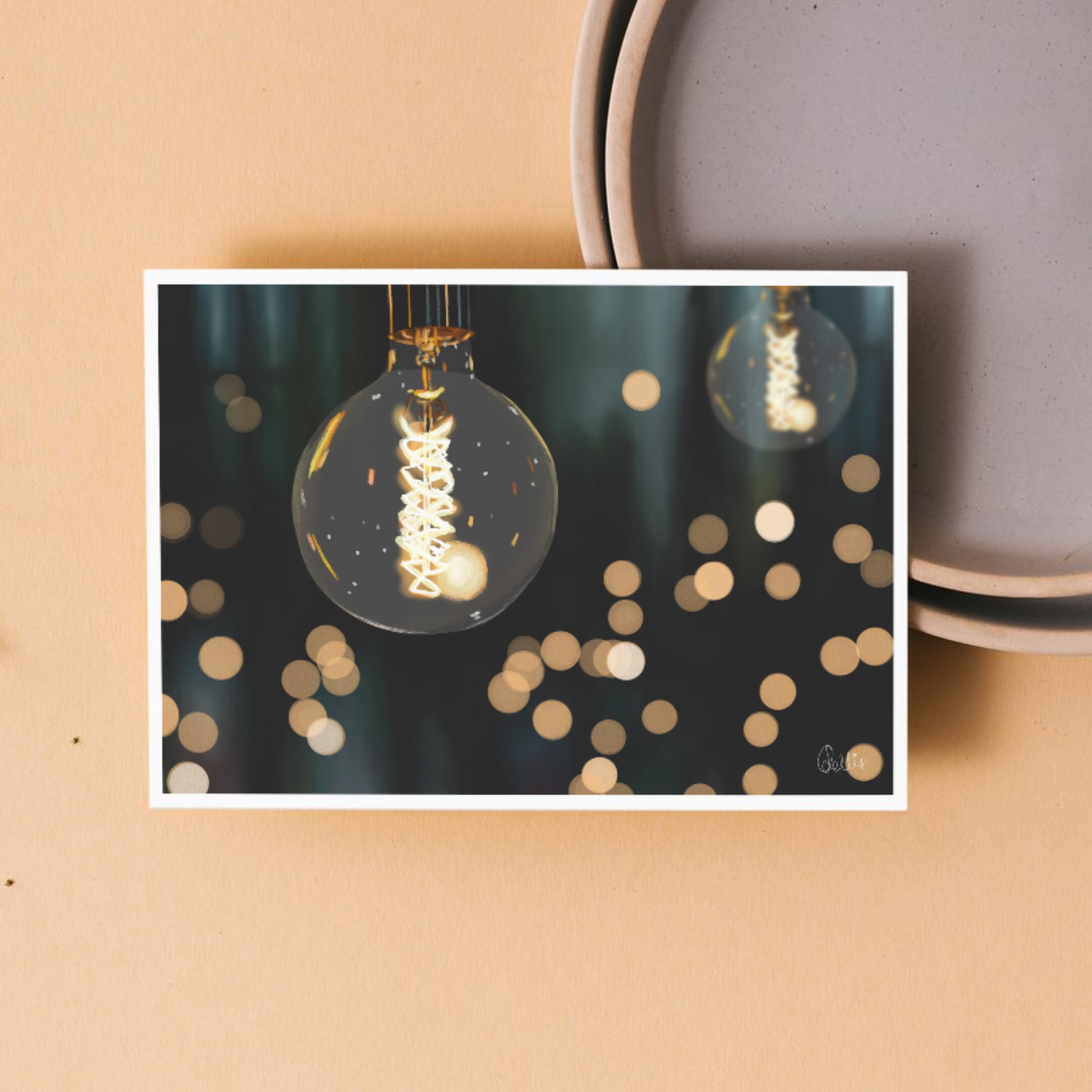 Impresión artística de bombilla de filamento: decoración vintage estilo gouache