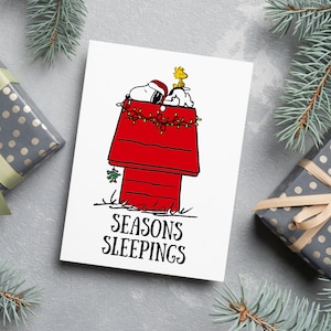 Kartki świąteczne z motywem Snoopy Pun | Zestaw ręcznie rysowanych kartek świątecznych Punny | Peanuts, Charlie Brown Kartka świąteczna | Prezent Snoopy i Woodstock