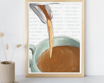 Lámina artística &quot;Café servido&quot;: Decoración de cocina estilo gouache (A4 y A5)