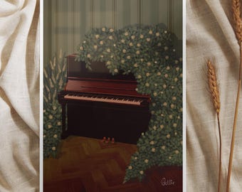 Lámina artística de piano y plantas: decoración botánica de pared estilo gouache