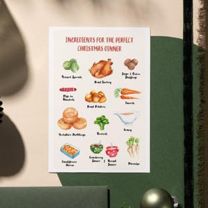 Weihnachtsessen Themed Weihnachtskarten | Handgemaltes Weihnachtskarten-Set | Türkei Abendessen Weihnachtskarte | Zutaten für das Abendessen