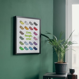 Póster Vive, Ríe, Croc: Impresión personalizable de zapatos tipo zueco (A4, A5)