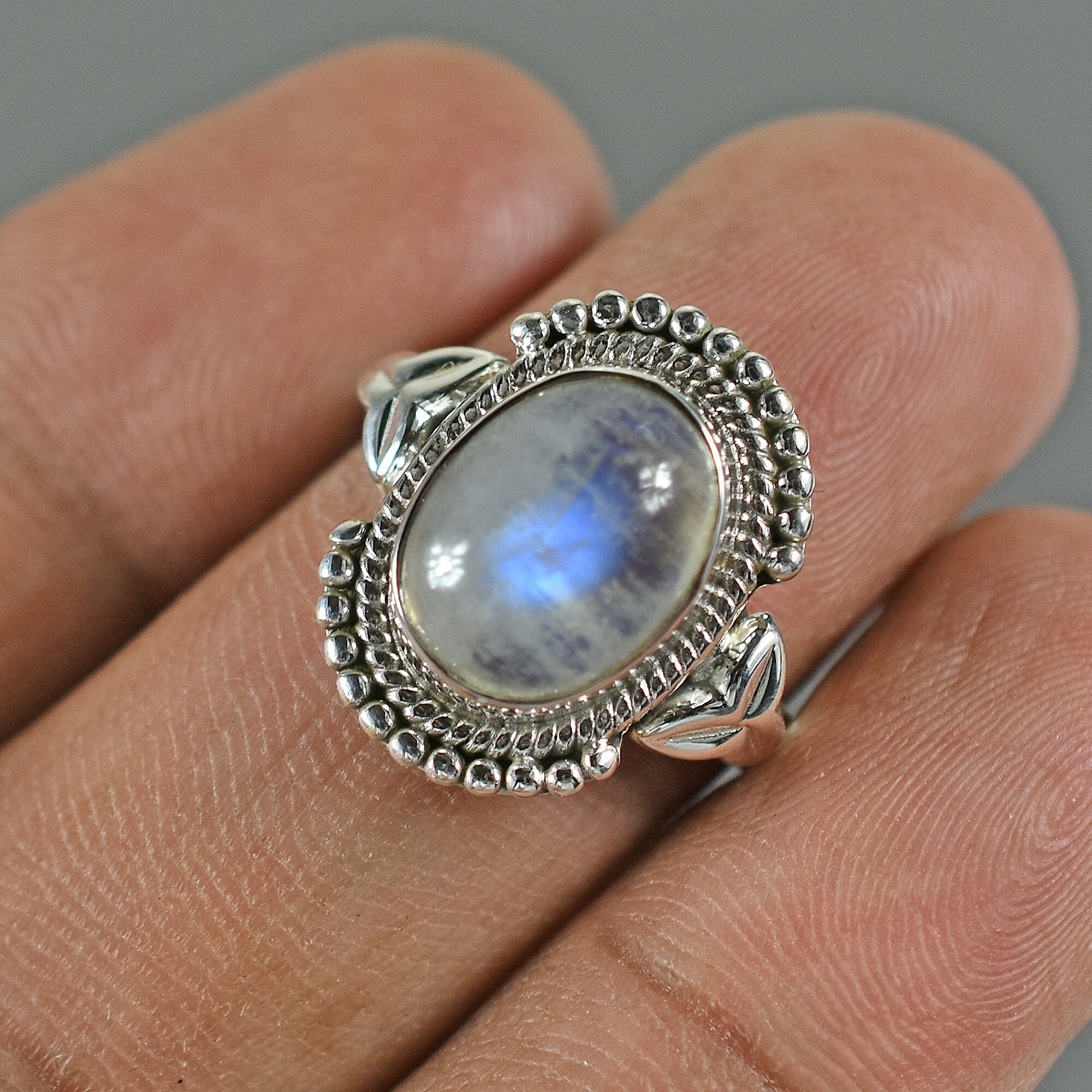 Rainbow Moonstone Ring, Blue Moonstone Crystal, Handmade Ring,Oval Gemstone Ring, Christmas Gift, Casual Ring, Blue Fire Ring, 6 3/4 US Size