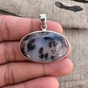 Handmade Dendrite Opal Pendant: Oval Sterling Silver Gemstone Jewelry