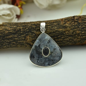 Natural Larvikite & Black Onyx Pendant, 925 Sterling Silver Pendant, Handmade Larvikite Pendant, unique Jewelry Anniversary Gift For Her