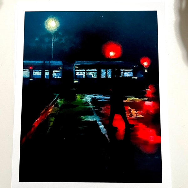 painting of a lady walking in the dark while it is raining and a bus was passing on her side while she was crossing the Street in the rain