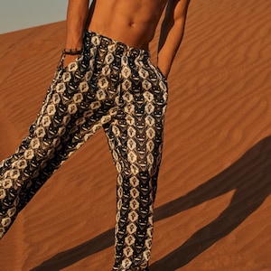 Africano Pants Men – Tribal Print Trousers – Boho Relaxed Fit – Festival Wear – Silk Feel Summer Pants – Bold Ethnic Style,Festival Pants