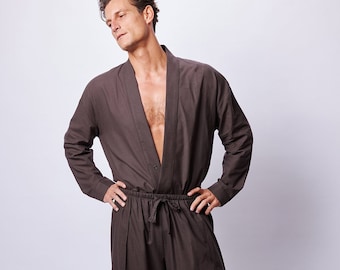 Brauner Kimono, Baumwollherren Kimono Robe & Hose, Herren Kimono, Boheme Morgenmantel für Mann, Sommerkleidung, Boho Herrenkleidung, Geschenk für ihn.