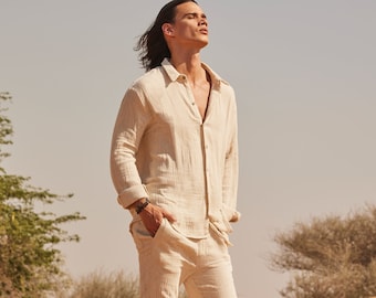 Beige Muslin Shirt Men, Oversize Cotton Gauze Top, Boho Beach Wedding, Resort Wear, Comfortable Loungewear, Gift for Boyfriend