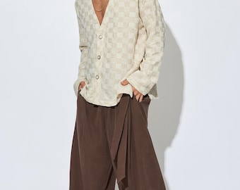 Premium Ecru Waffle Kimono Shirt - Linen Cotton Lightweight Draped Shirt