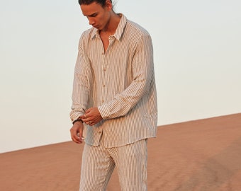 Mens Stripped Shirt&Pants,Wedding Suit,Summer Wedding,Muslin Style, Linen Outfits for Man,Personalized Gift,Summer Clouthing,Minimalist