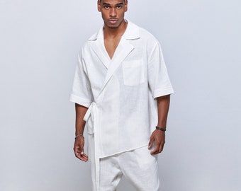 Kimono di lino da uomo, abbigliamento di lino naturale, giacca bianca, abiti di lino per uomo, abiti minimalisti, regalo di San Valentino, uomini Kimona, kimono bianco