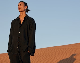Black Muslin Shirt Men, Oversize Cotton Gauze Top, Dark Boho Festival Outfit, Techno Party Wear, Minimalist Resort Style, Gift for Boyfriend