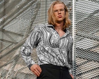 Black Hypnosis Graphic Long Sleeve Shirt - Silk Fabric, Ultra Soft, Stylish Shirt, Shirt for men, Elegant Long Sleeve Shirt, Handmade