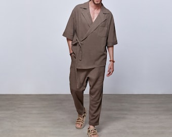 Herren Leinen Braun Jacke Hose, Festival-Stil, Leinen Outfits für Männer, minimalistische Outfits, Hochzeitsanzug, Sommerhochzeit, Geschenke zum Valentinstag