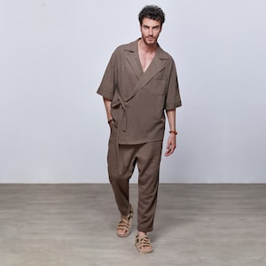 Herren Leinen Braun Jacke Hose, Festival-Stil, Leinen Outfits für Männer, minimalistische Outfits, Hochzeitsanzug, Sommerhochzeit, Geschenke zum Valentinstag