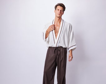 Kimono étnico para hombre, ropa natural, kimono para hombre, minimalista, kimono de playa para hombre, kimono para hombre, kimono blanco, regalo para él, ropa de playa