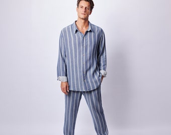 Striped Muslin Outfit for Men : Two Piece Set , Marine Style